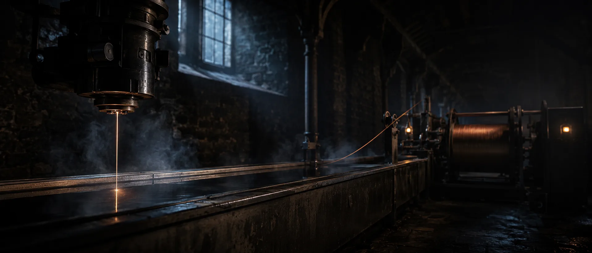 The extrusion line in Bay 4: the die, the cooling bath and the winder, lit low.