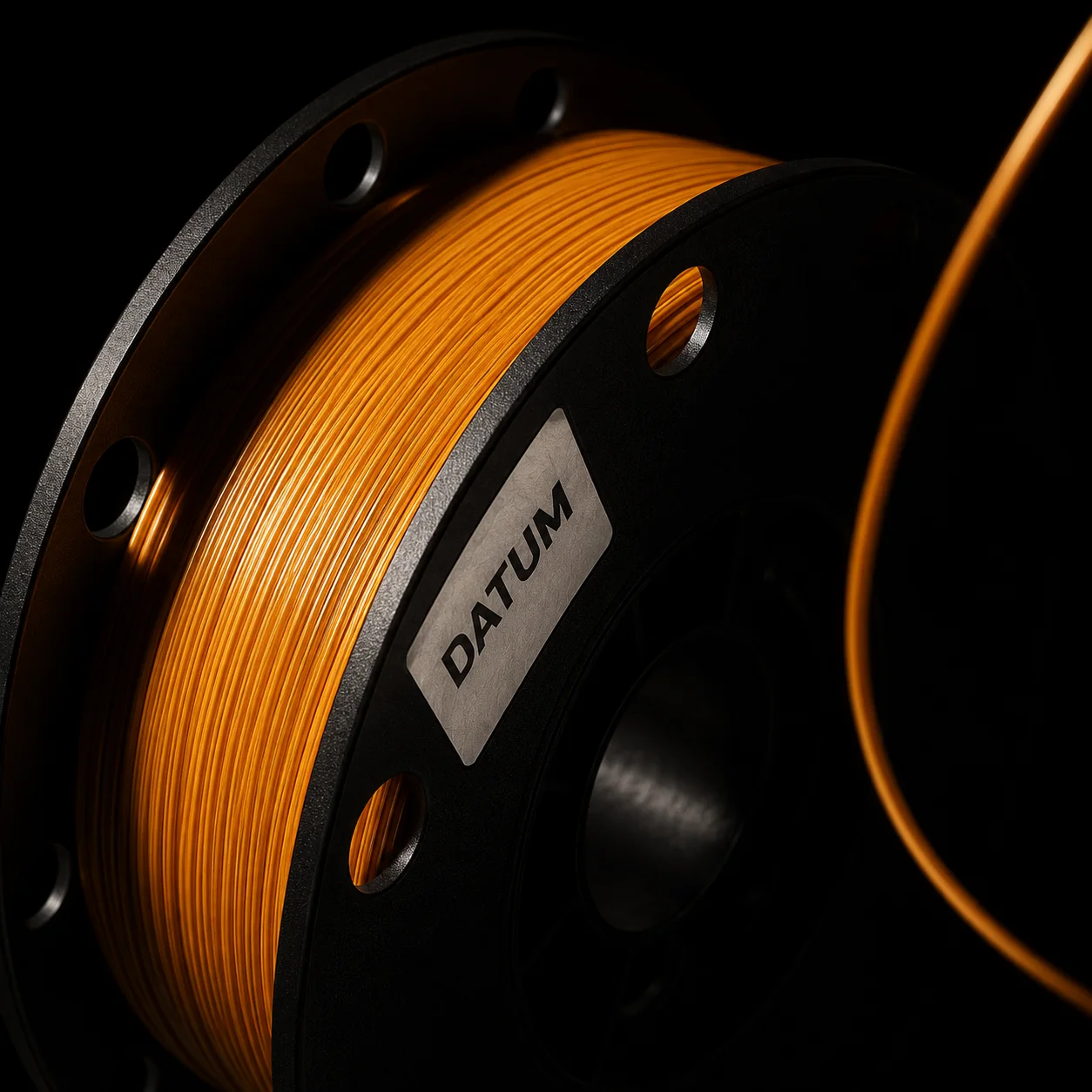 A 1 kg spool of Datum PLA in Sodium, lit hard from the left so every strand pass on the wound face catches its own highlight.
